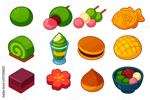 Sweet Treats Collection. Isometric vector illustration set sweet treats collection: mochi ball, daifuku, dango skewers, taiyaki