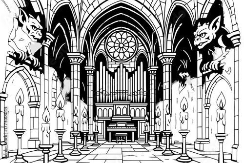 Gothic Cathedral Coloring. Cathedral interior with massive arches, glowing candles, organ pipes, and gargoyles lurking in shadows,