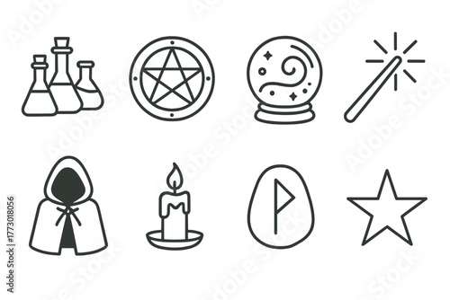 Mystic Chamber Icons. Line style icons of Mystic Chamber: Potion Vials, Spell Circle, Crystal Ball, Wand, Hooded Robe, Candle,