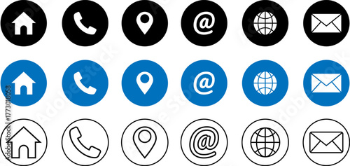 Set of contact icons in black blue and outline styles