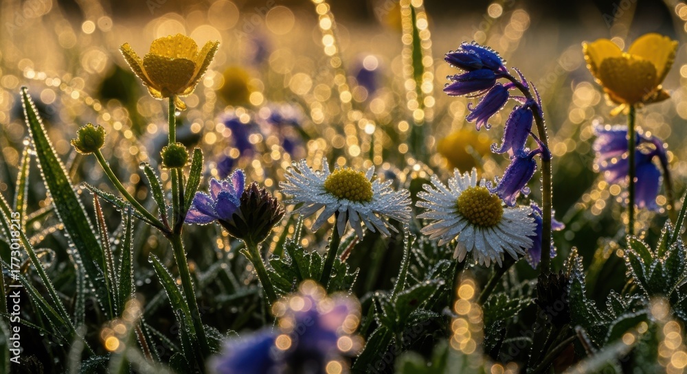 Obraz premium Wild meadow flowers covered in morning dew offer soft copy space for spring advertising.