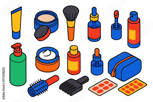 Cosmetic Icons Set. Isometric vector illustration set Makeup, Skincare, and Grooming: eye primer tube, setting powder jar, powder