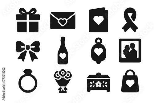 Wedding Gift Icons. Solid style icons of Wedding gifts: gift box, envelope, card, ribbon, bow, champagne bottle, keepsake, photo