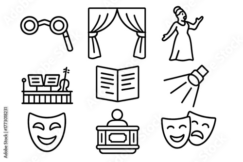 Opera Essentials Icons. Line style icons of Opera: Opera Glasses, Curtain Call, Singer, Orchestra Pit, Program, Spotlight, Mask,