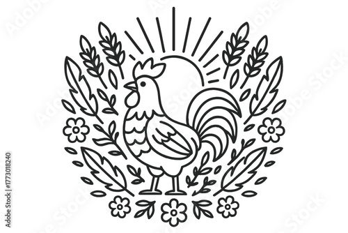 Rooster Mandala Art. Rooster in the middle with sun rays, grains, feathers, and flowers radiating outward in mandala style, black