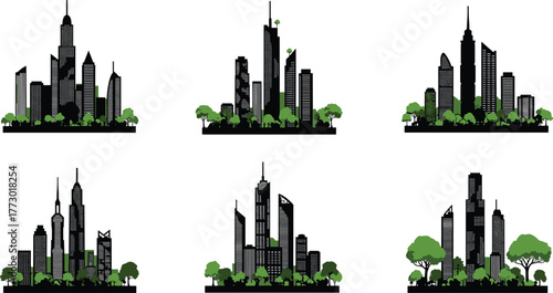 Modern green city skyline silhouettes, eco urban landscape design, sustainable architecture illustration