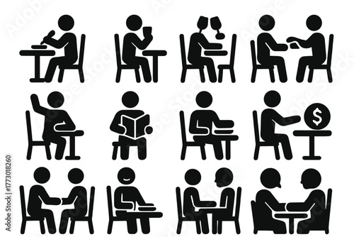 Dining Icons Collection. Solid style icons of Customer dining: seated guest, eating, drinking, clinking glasses, ordering,