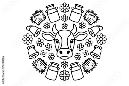 Cow Mandala Coloring. Cow head in the center with milk cans, bells, hay, and flowers arranged in a circular mandala pattern, black