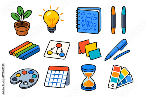 Creative Toolkit Icons. Isometric vector illustration set growth and creativity: potted green plant, glowing bulb, creative