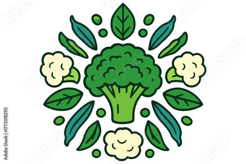 Vegetable Mandala Design. Broccoli in the middle with cauliflower, beans, peas, and leaves radiating outward in healthy mandala
