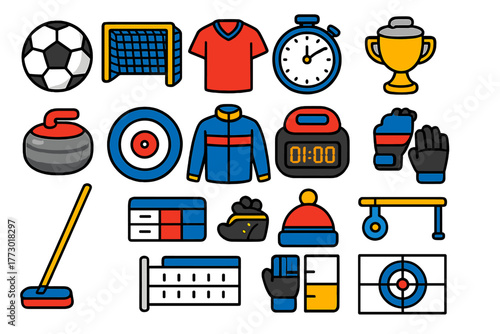 Colorful Curling Icons. Isometric vector illustration set ball, goalpost, jersey, timer, trophy, shoes: curling stone, curling