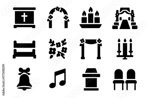 Ceremony Icon Set. Solid style icons of Ceremony elements: altar, arch, candles, aisle, pews, floral decoration, wedding canopy,