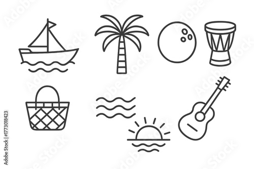 Caribbean Icon Sketches. Line style icons of Caribbean Life: Fishing Boat, Palm Tree, Coconut, Drum, Market Basket, Waves, Guitar,