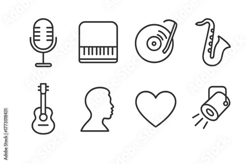 Soul Classics Icons. Line style icons of Soul Classics: Microphone, Piano, Vinyl Record, Saxophone, Guitar, Singer Silhouette,