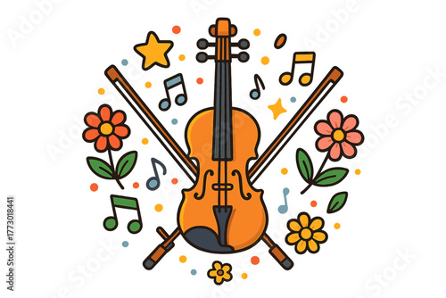 Colorful Violin Art. Violin in the middle with bows, notes, stars, and flowers arranged in elegant circular design, bright