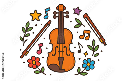 Colorful Violin Art. Violin in the middle with bows, notes, stars, and flowers arranged in elegant circular design, bright