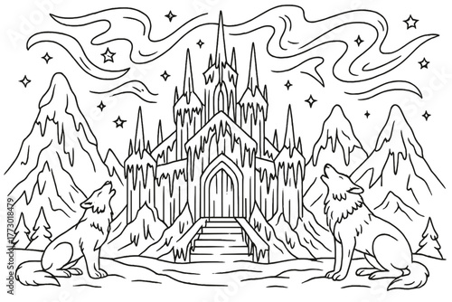 Ice Palace Serenity. Frozen ice palace with icicle towers, wolves howling, and northern lights above, black and white line art,