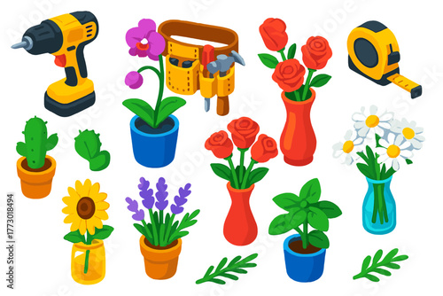 Vibrant Tool and Plant Set. Isometric vector illustration set featuring tools and plants: cordless drill, tool belt, measuring