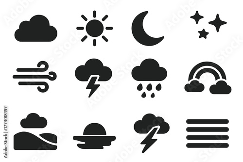 Air and Sky Icons. Solid style icons of Air and sky environment: clouds, sun, moon, stars, wind currents, thunderstorm, lightning,