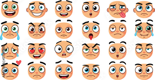 Cartoon faces displaying a wide range of human emotions