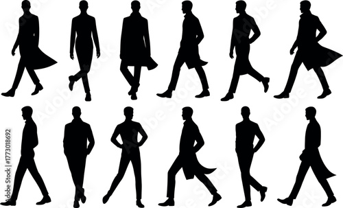 Silhouettes of fashionable men walking and posing in various outfits
