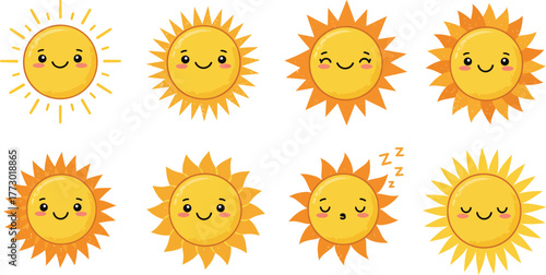 Set of Cute Cartoon Sun Icons with Diverse Cheerful Expressions