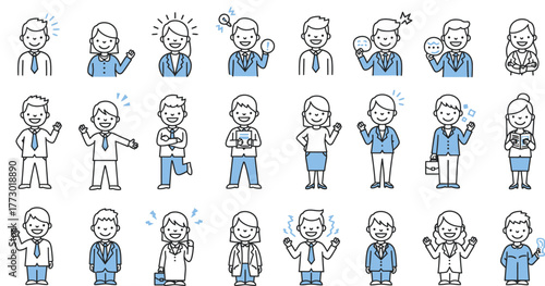 Diverse business professionals expressing various emotions and actions