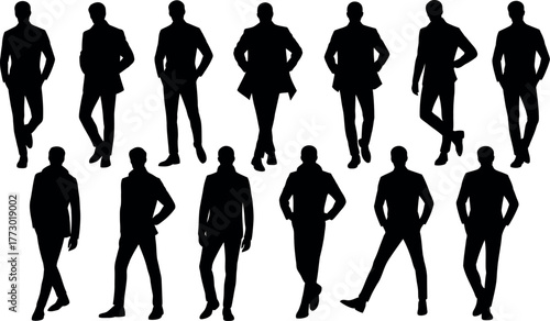 Silhouettes of men in suits various poses standing business concept
