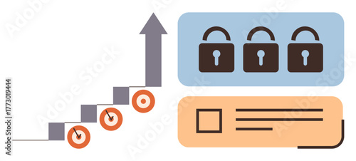Bar graph with an upward arrow, checkpoints, and secure locks symbolizing progress, success, and protection. Ideal for business strategy, growth, security, data integrity planning goals simple