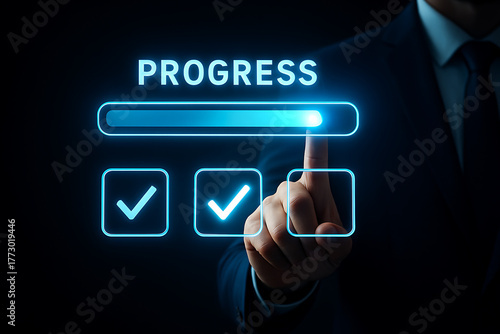 Progress achievement and task completion concept with a loading bar and two checked glowing boxes indicating successful milestone attainment
