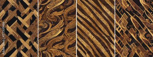 Seamless batik parang pattern, repeating diagonal knife motif with golden lines and dark brown background, modern geometric reinterpretation, digital batik vector, Indonesian heritage pattern