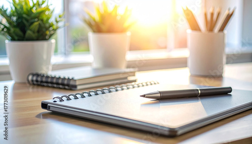 A Workspace with a Note and Pen: A sun-drenched workspace, a notebook and pen invite reflection and productivity, alongside potted plants and pencils. 