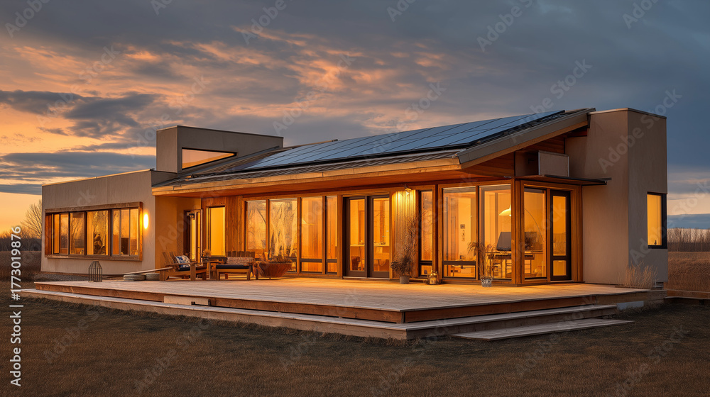 Obraz premium Solar powered home exterior at golden hour