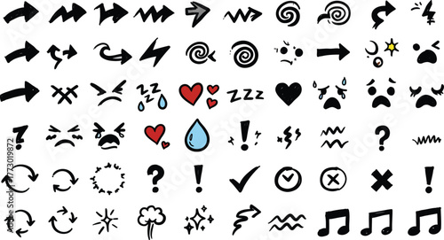 Expressive hand-drawn sketch symbol collection for creative graphics