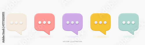 3D Speech bubble messages icon set in different colors. Online chatting in social media. Chat box with comment. Talk and dialogue. Cartoon design icons isolated on white. 3D Vector illustration