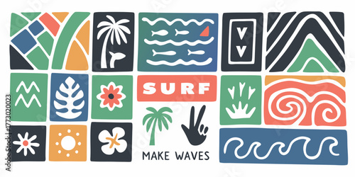 Colorful mosaic of surf and tropical motifs with the words surf and make waves