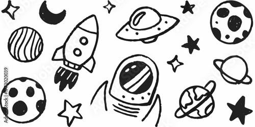 Whimsical hand drawn space elements featuring planets rocket ship astronaut and stars