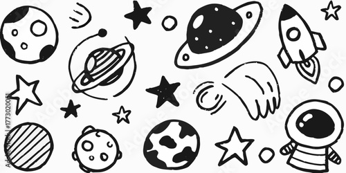 Whimsical hand drawn space doodles featuring planets stars rocket ship and astronaut