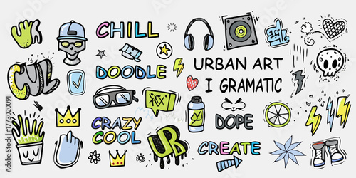Vibrant collection of urban art doodles featuring graffiti style text and iconic symbols