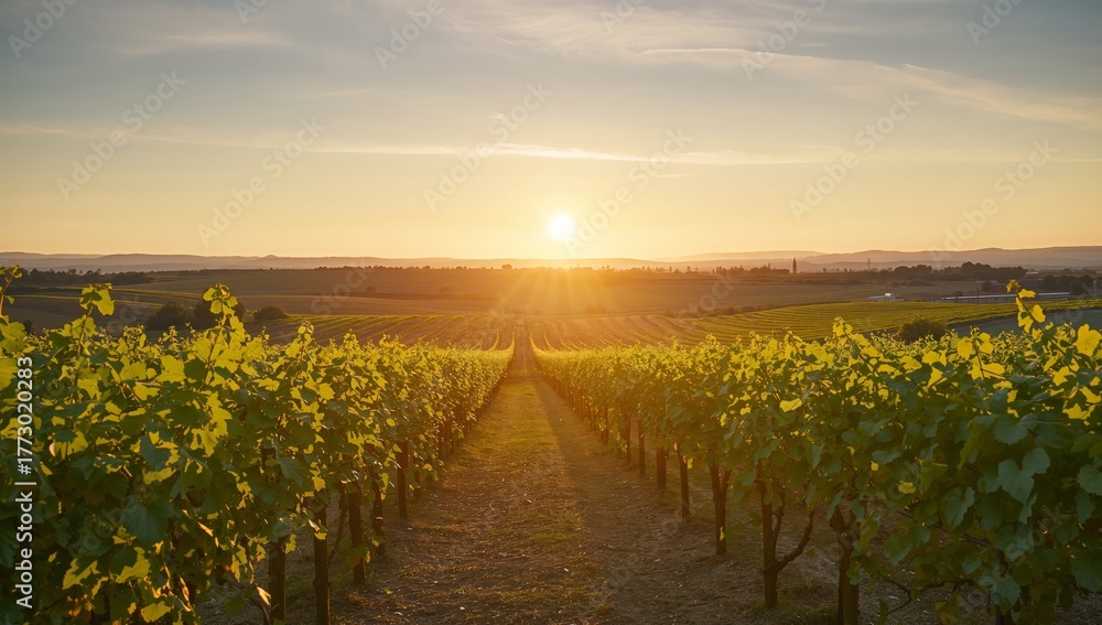 Fototapeta premium Golden Rows, Serene Vista. An Abstract Landscape of Tranquility and Sunlit Hues.