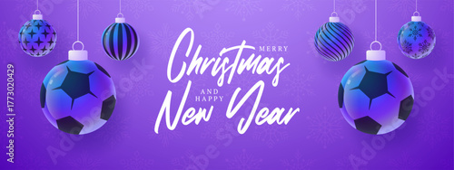 Football or Soccer Christmas and New Year sport banner. Merry Christmas tech greeting card with xmas ball as a bauble on purple neon background. Vector illustration