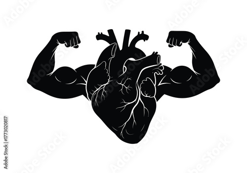 Strong heart muscle silhouette flexing biceps symbolizing health and strength