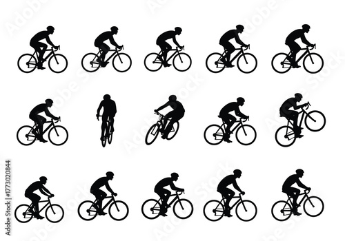 Silhouettes of mountain bikers in action dynamic poses bicycle riding sports cycling graphics pack