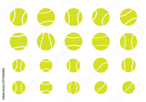 Collection of vibrant tennis balls in various poses and angles for sports graphics