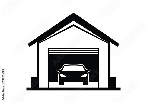 Modern car inside open garage building silhouette symbol graphic design