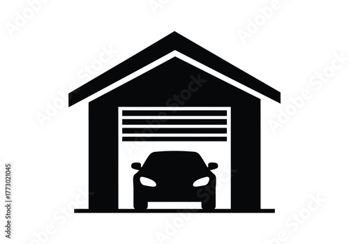 Simple silhouette icon of a car inside a garage with rolling door open