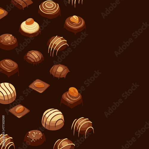 Assortment of chocolate truffles in various shapes and fillings displayed on a dark brown background. Deliciously tempting chocolate treats, perfect for a food advertisement or editorial design.