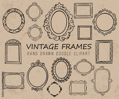 Set of digital pictures, frames and labels, vintage style. Suitable for decoration of cosmetics, pharmacy products. Vector illustration. Aged paper effect. EPS 10 Hand drawn frames Doodles
