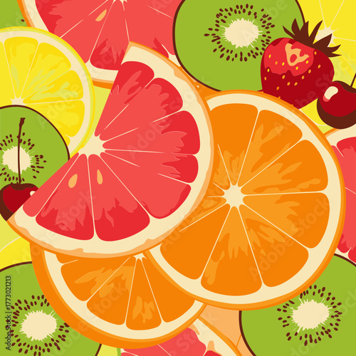 Fruit slices pattern with vibrant colors and detailed texture. Colorful fruit slices layered against a light background, showcasing a variety of citrus fruits, kiwi, and strawberries.