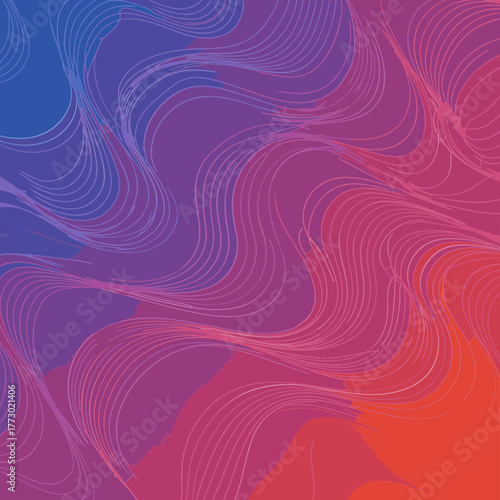 Abstract graphic design with a dynamic wave pattern in vibrant color gradients. Abstract lines in a flowing, organic pattern over a blended color background.